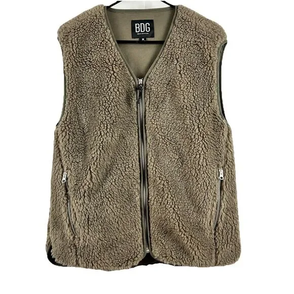 BDG Urban Outfitters Medium Borg Sherpa Vest Brown Zip Pockets Sleeveless Cozy - Picture 1 of 12